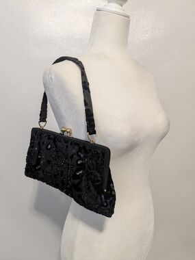 Christina Black Beaded Evening Clutch with Gold Hardware